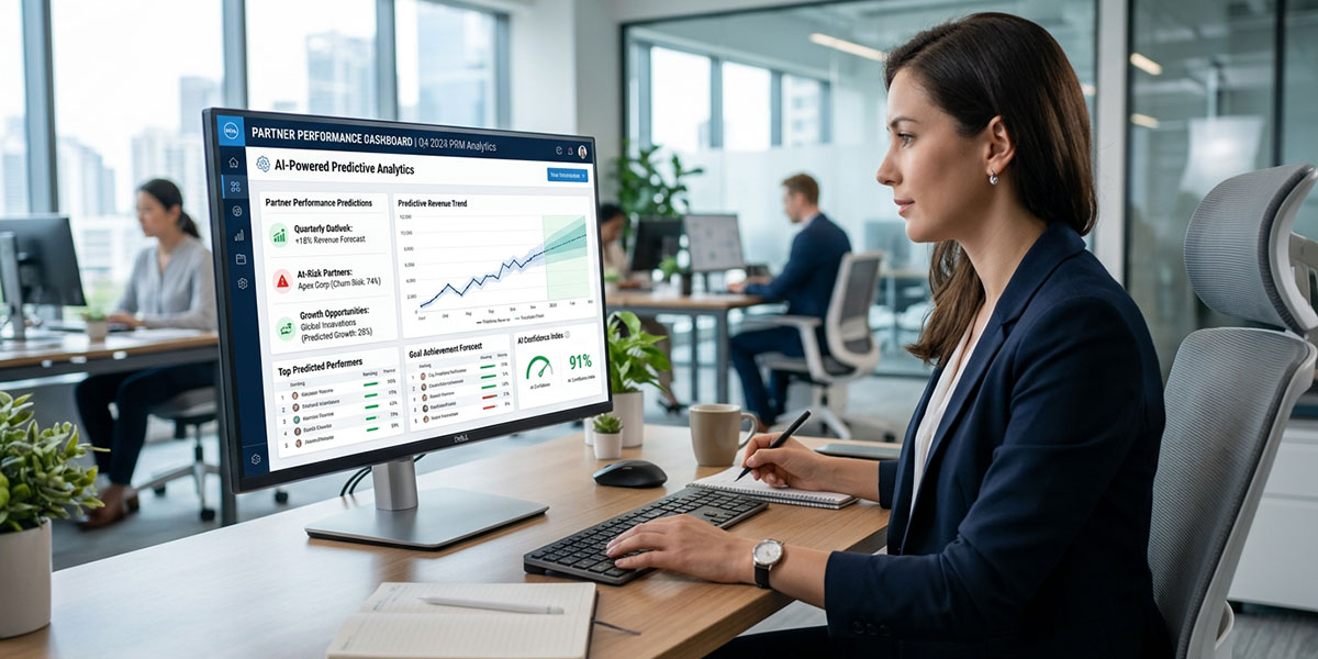 A futuristic interface showing AI-powered predictive analytics for partner performance on a PRM dashboard.