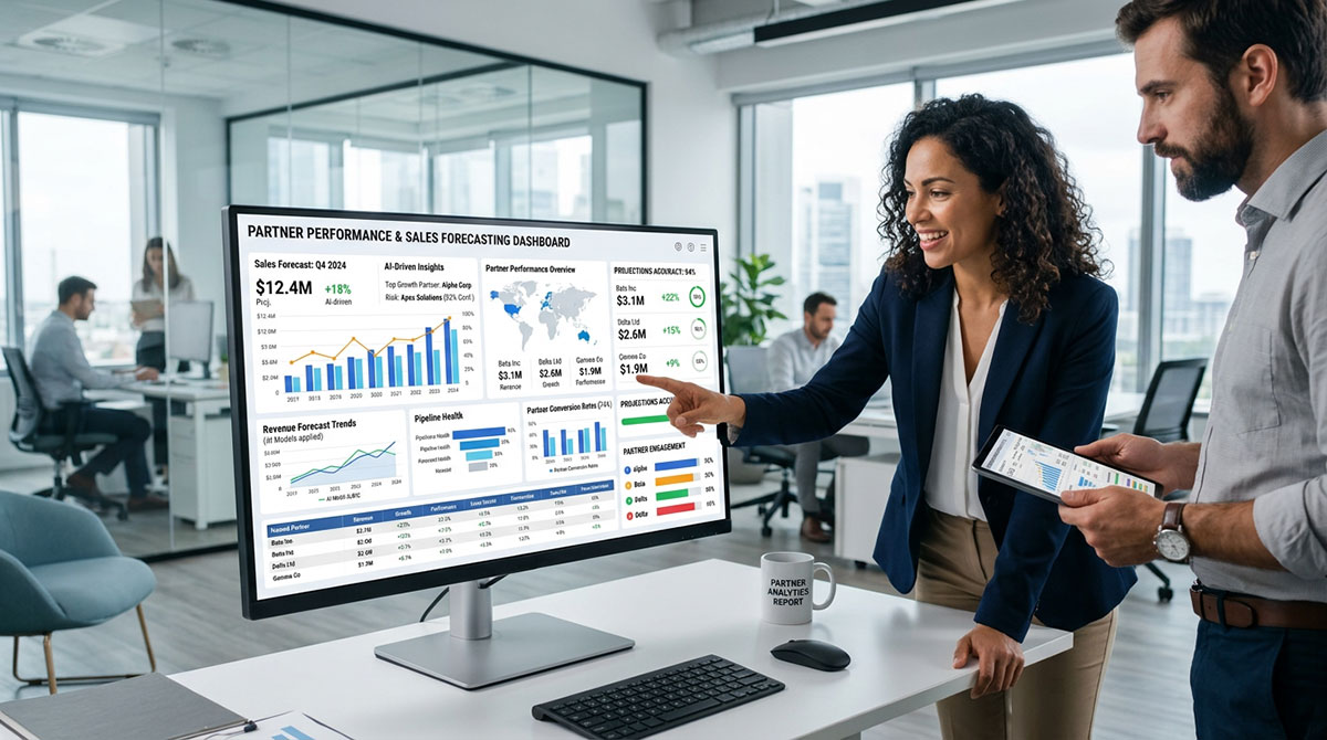 A dashboard showing AI-driven predictive analytics for partner performance and sales forecasting.