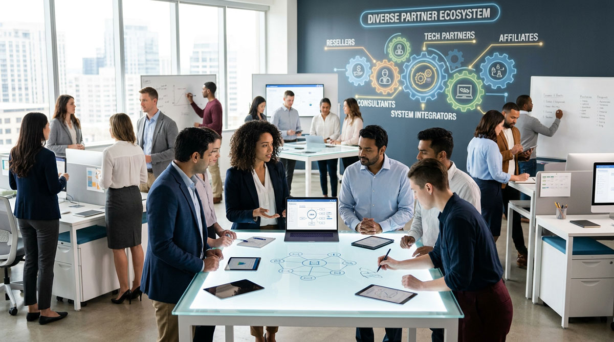 An illustration of a diverse partner ecosystem with various partner types like resellers, consultants, and tech partners.