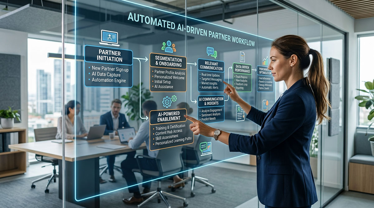 A flow chart showing an automated, AI-driven workflow for partner communication and enablement.