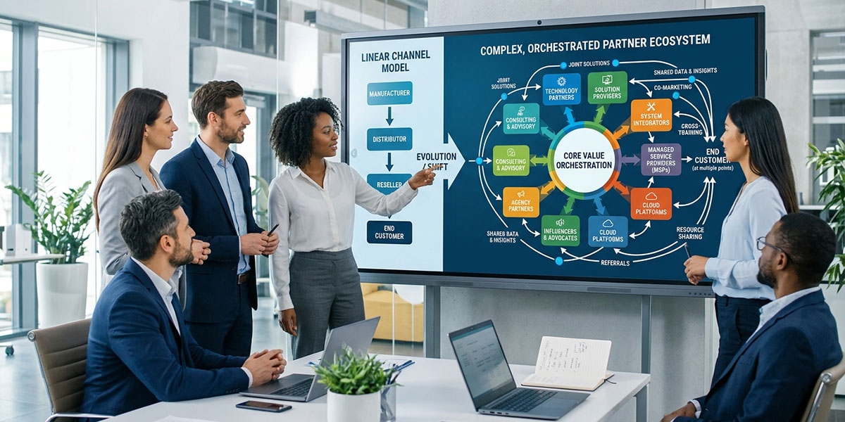 A flowchart diagram illustrating the shift from a linear channel model to a complex, orchestrated partner ecosystem.
