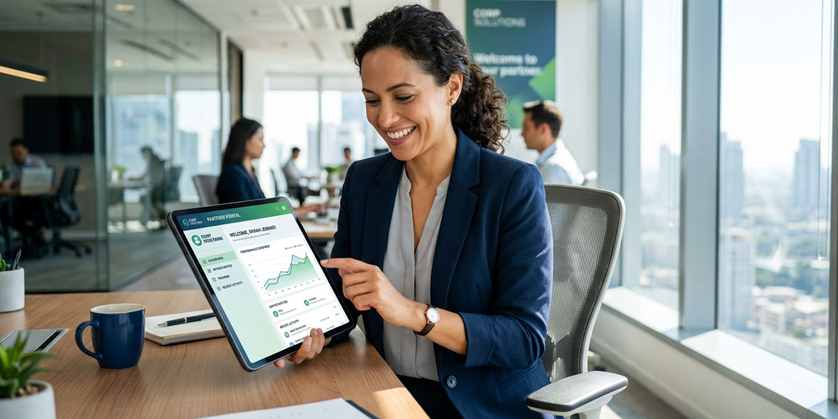 A partner smiling while using a clean, intuitive partner portal on a tablet, symbolizing a positive partner experience.