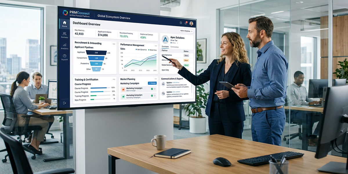 An integrated dashboard showing various partner management modules working together on one screen, representing a unified platform.