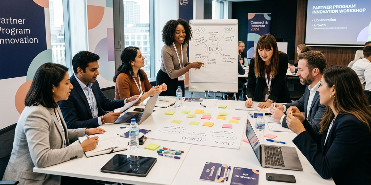 Diverse group of professionals collaborating in a workshop on partner program innovation.
