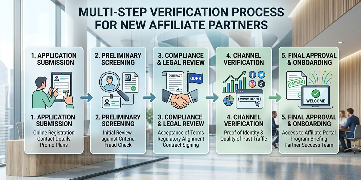 Diagram illustrating a multi-step verification process for new affiliate partners.