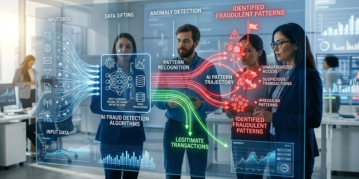 Graphic showing how AI algorithms sift through data to identify fraudulent patterns.