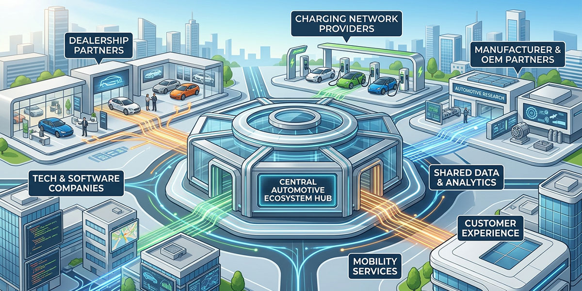 An illustration of a central hub connecting various automotive partners like dealerships, tech companies, and charging stations.