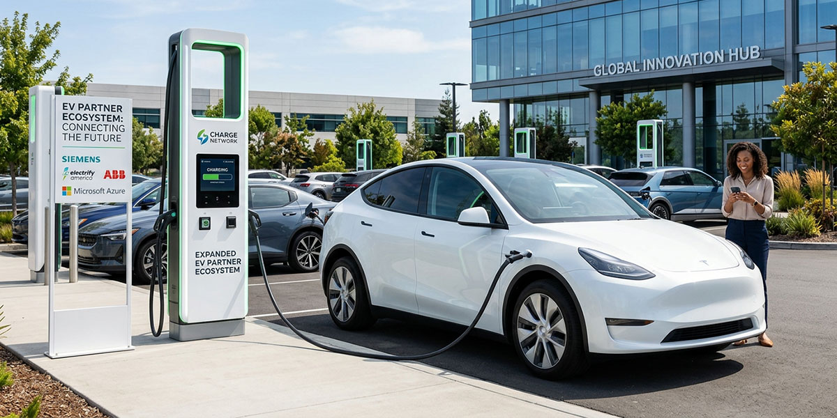 An electric vehicle at a charging station, symbolizing the expanded partner ecosystem for EVs.