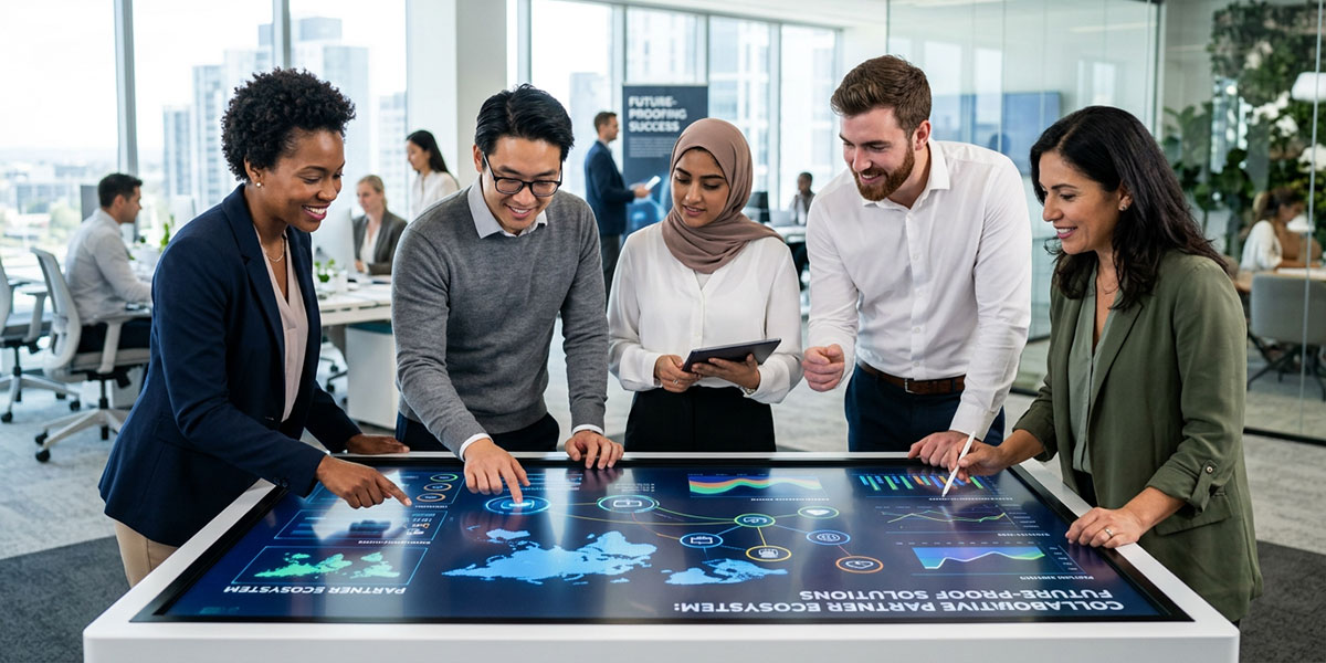 A group of diverse business professionals collaborating around a digital table, representing a future-proof partner ecosystem.