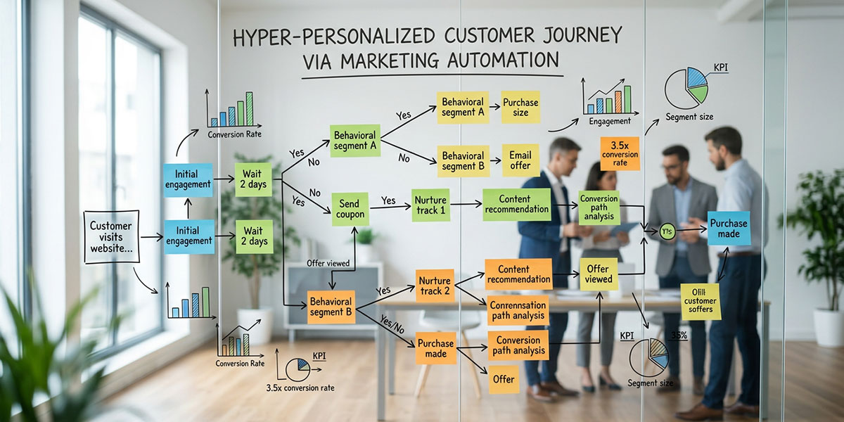A detailed flowchart illustrating a hyper-personalized customer journey through marketing automation.