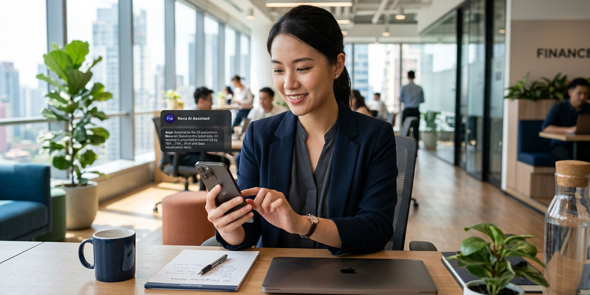An image of a user interacting with a sophisticated AI chatbot on a smartphone.