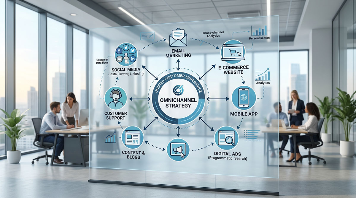 A diagram showing an omnichannel marketing strategy connecting various digital touchpoints seamlessly.