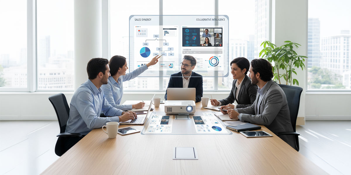 Sales teams from two different companies in a collaborative meeting using digital sales collaboration tools.