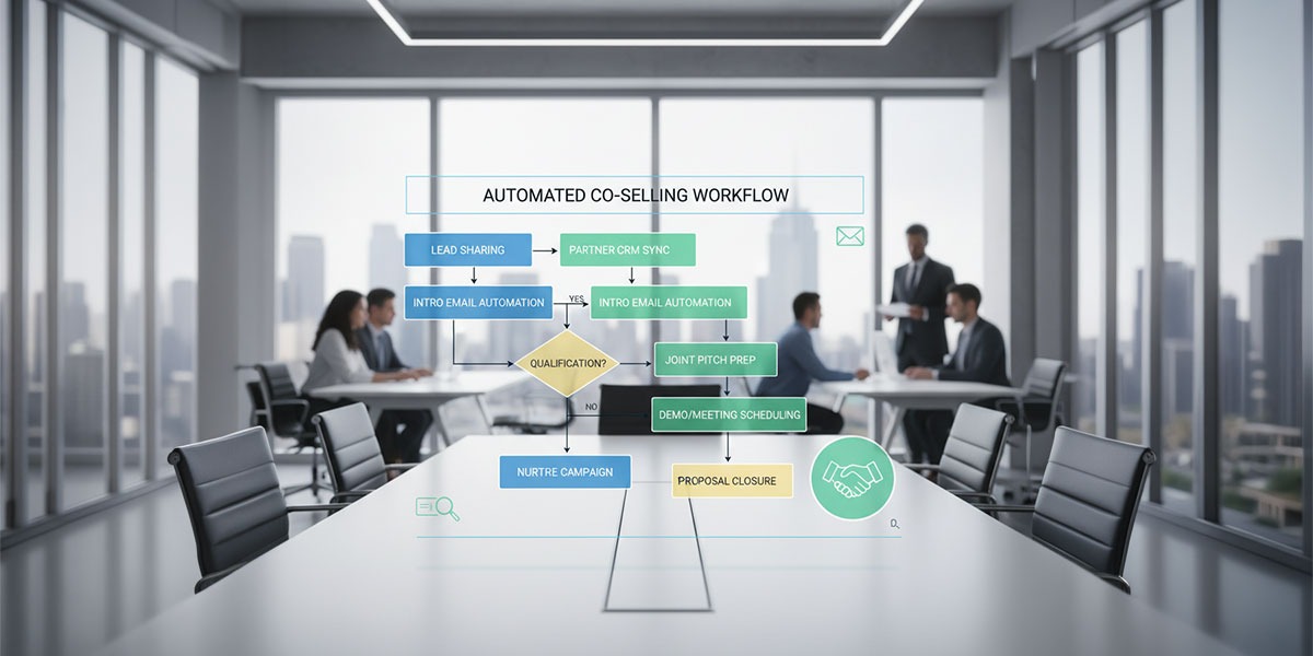 A flowchart illustrating an automated co-selling workflow from lead sharing to deal closure.