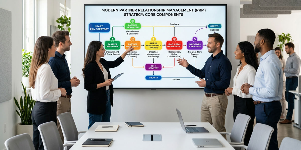 A flowchart showing the core components of a modern Partner Relationship Management strategy.