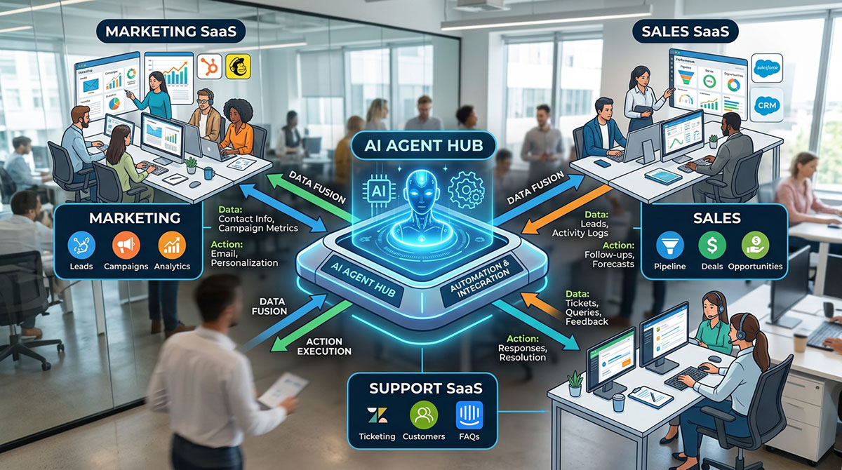 A diagram showing how an AI agent interacts with different SaaS applications like marketing, sales, and support.