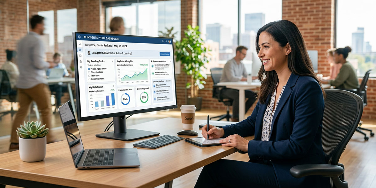 An illustration of a personalized user dashboard powered by an AI agent, showing relevant tasks and data.
