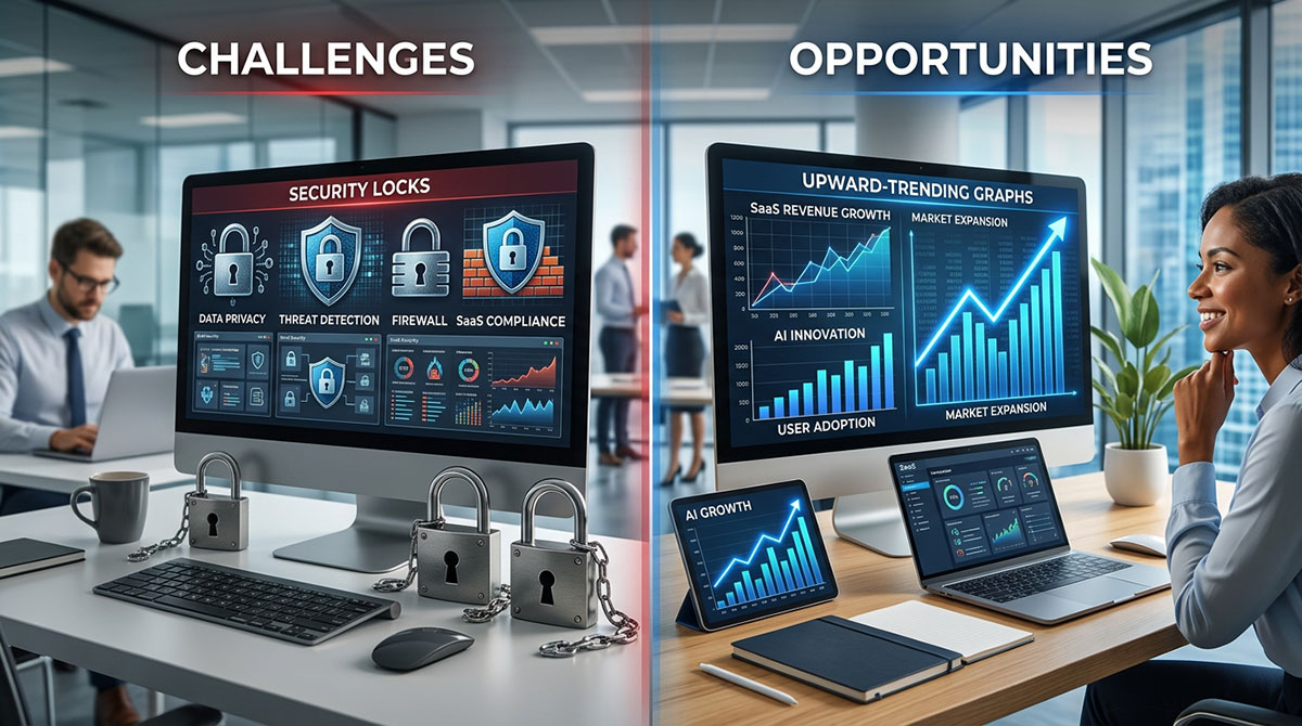 A split image showing challenges like security locks and opportunities like upward-trending graphs for the AI-driven future of SaaS.