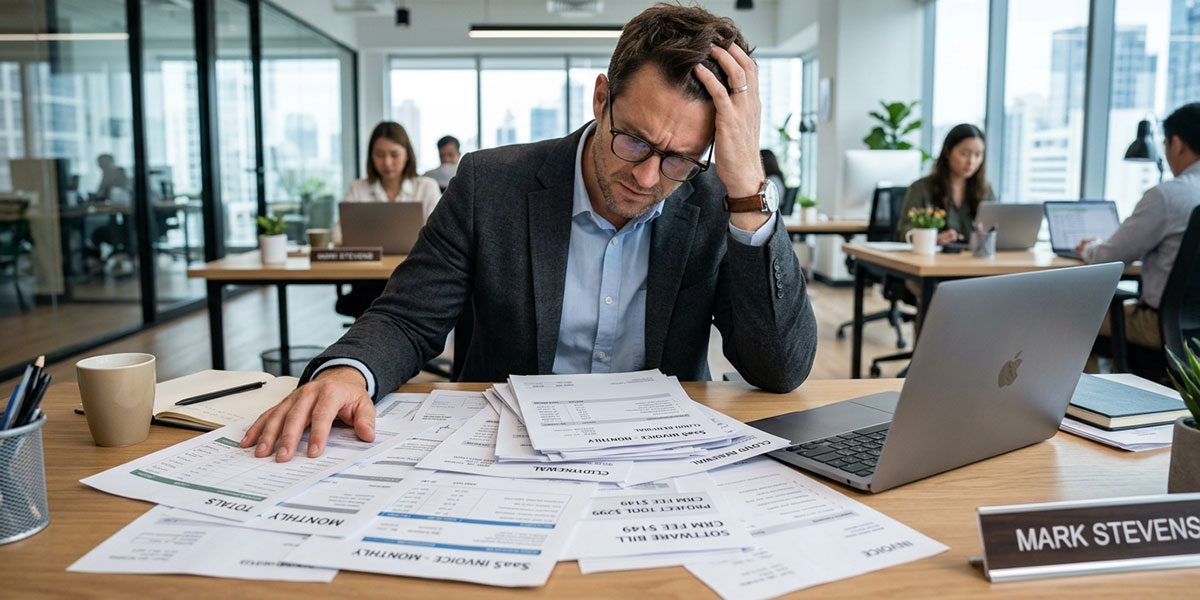 A frustrated business manager looking at multiple subscription bills, illustrating the challenge of traditional SaaS models