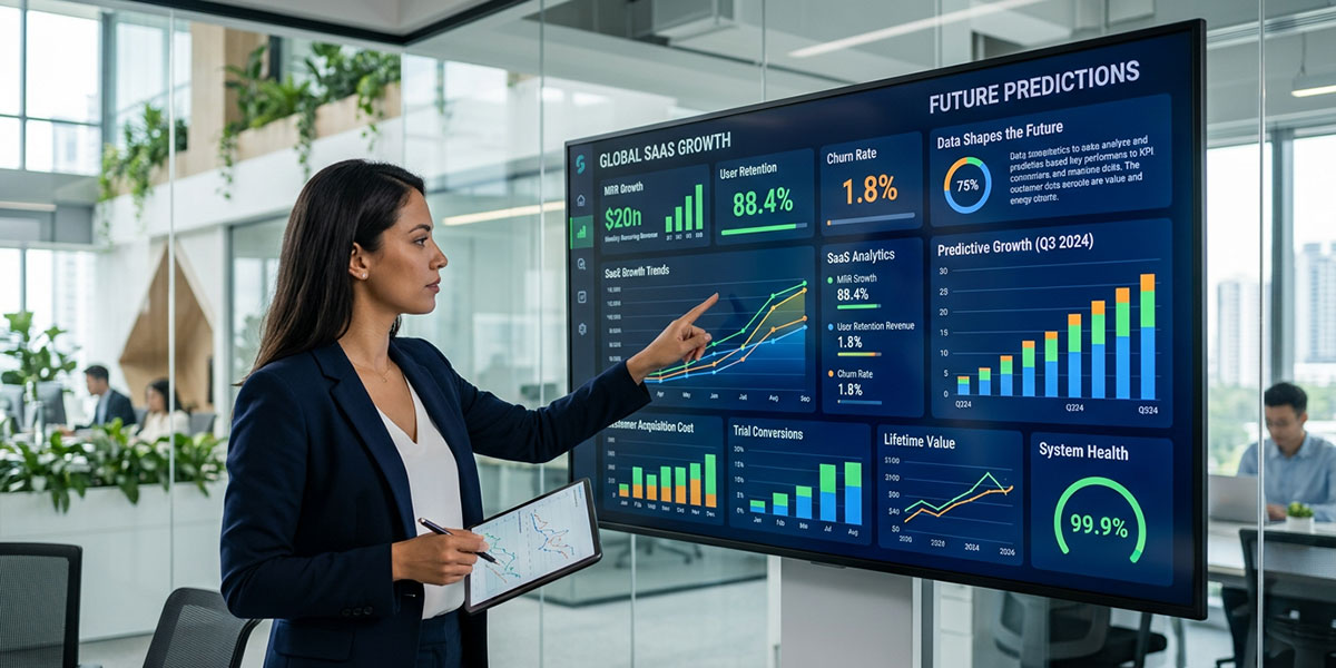 A dashboard displaying key performance indicators and data analytics, illustrating how data shapes the future of SaaS