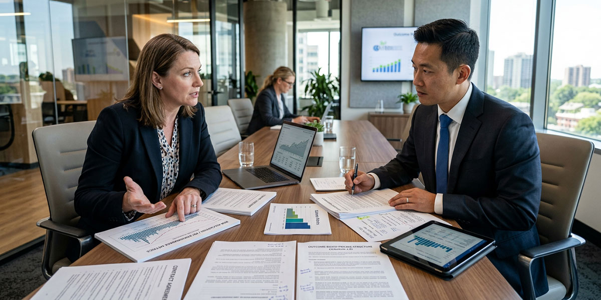 Two business professionals negotiating a complex contract, representing the challenges of implementing outcome-based pricing