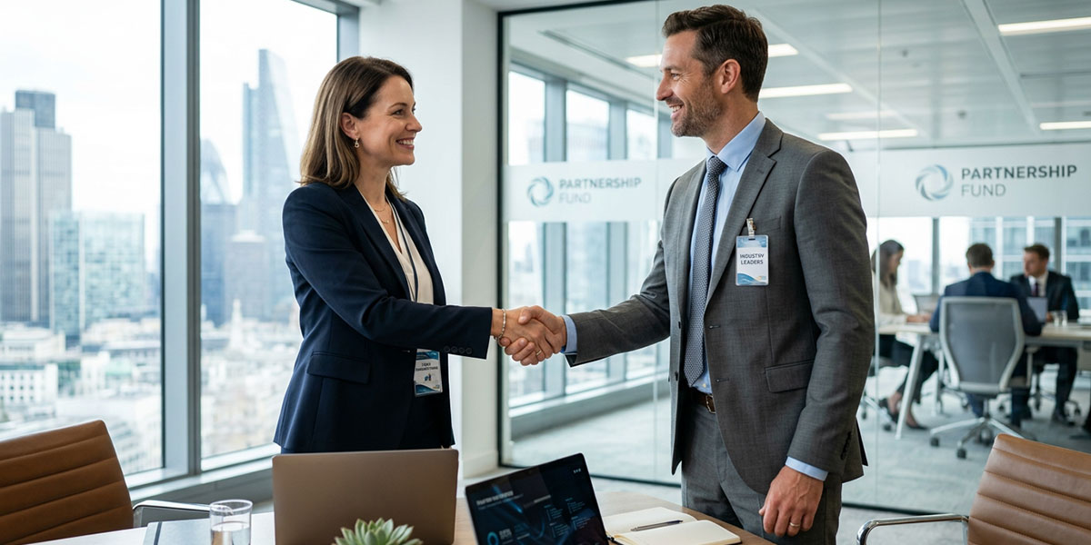 Two professionals in a modern office shaking hands, symbolizing a specialized industry partnership.