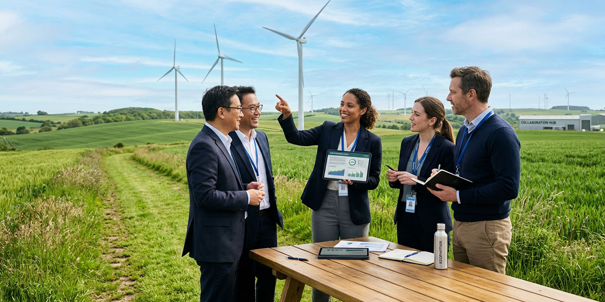 Wind turbines in a green field, symbolizing sustainability and ESG goals in a partner ecosystem.