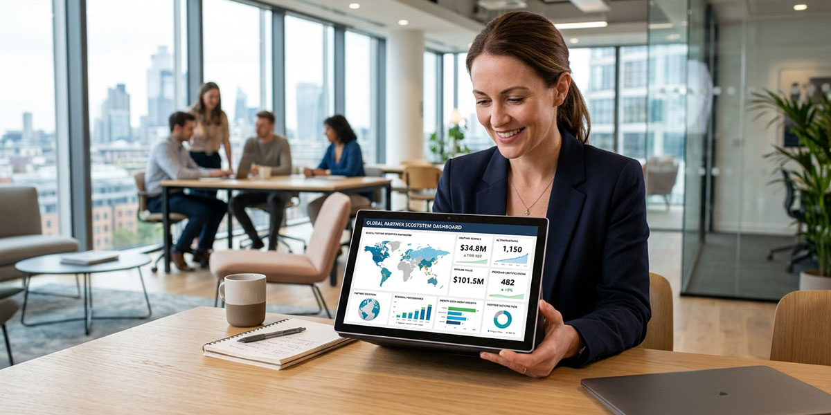 A dashboard on a tablet showing key performance indicators for a global partner ecosystem.