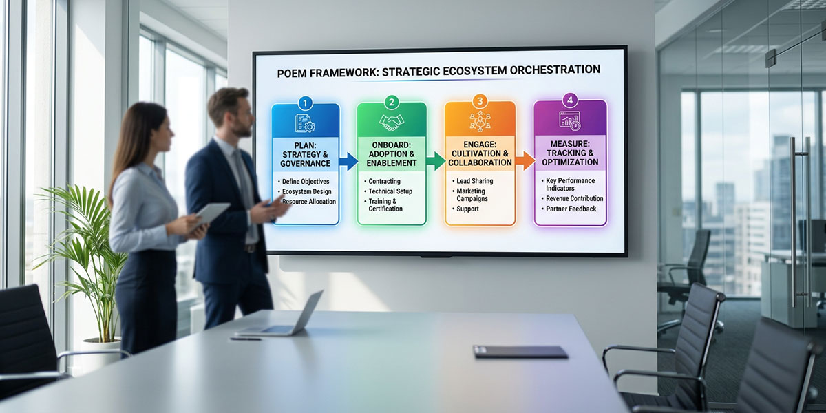 A flowchart illustrating the POEM framework: Plan, Onboard, Engage, and Measure, for strategic ecosystem orchestration.