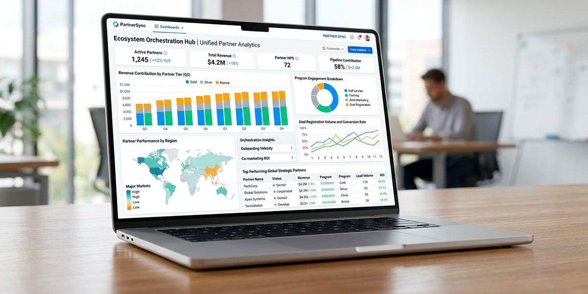 A dashboard from a Unified Partner Management platform showing various analytics and partner data, illustrating technology-driven ecosystem orchestration.