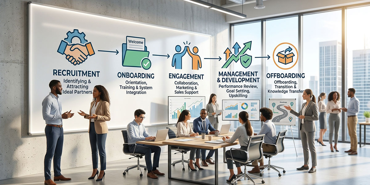 Diagram showing the distinct stages of the partner lifecycle from recruitment to offboarding.