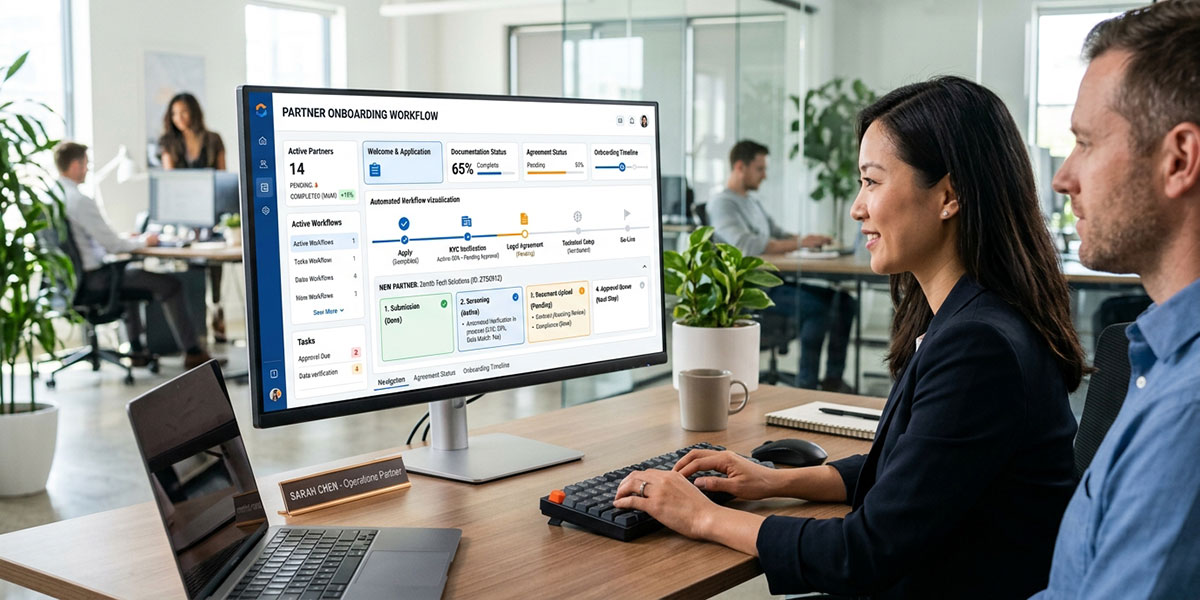 A user interface showing an automated workflow for partner onboarding on a dashboard.