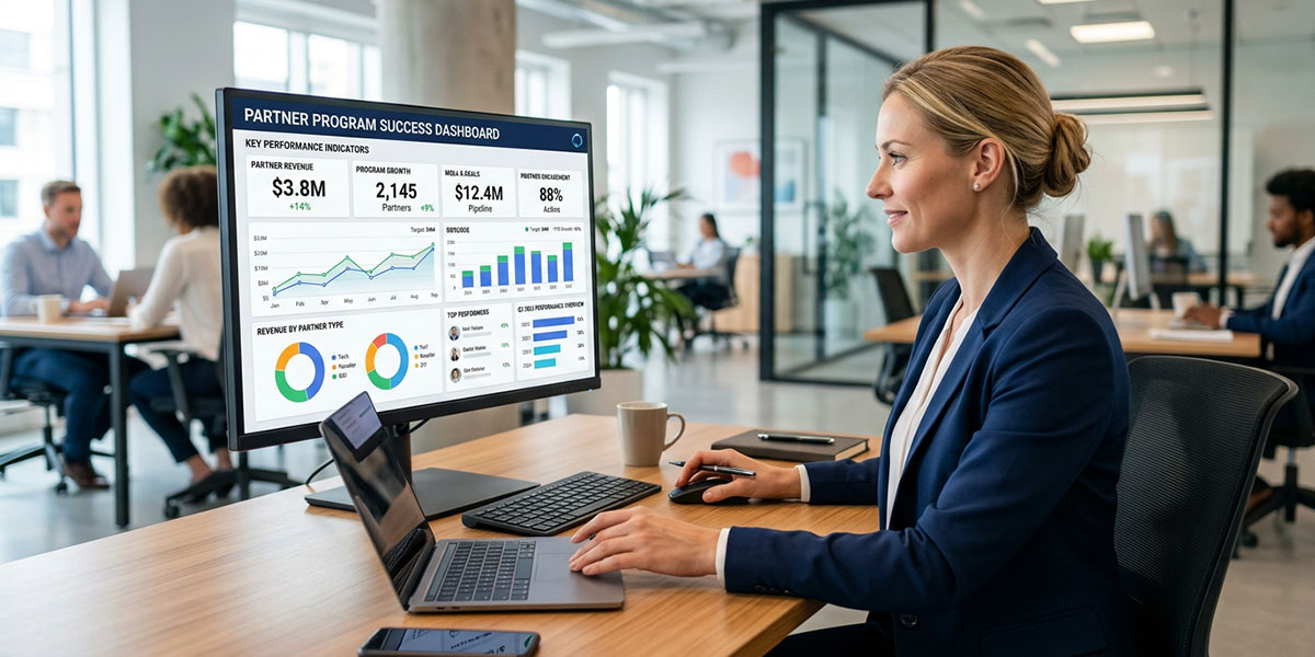 A dashboard displaying key performance indicators (KPIs) for partner program success.