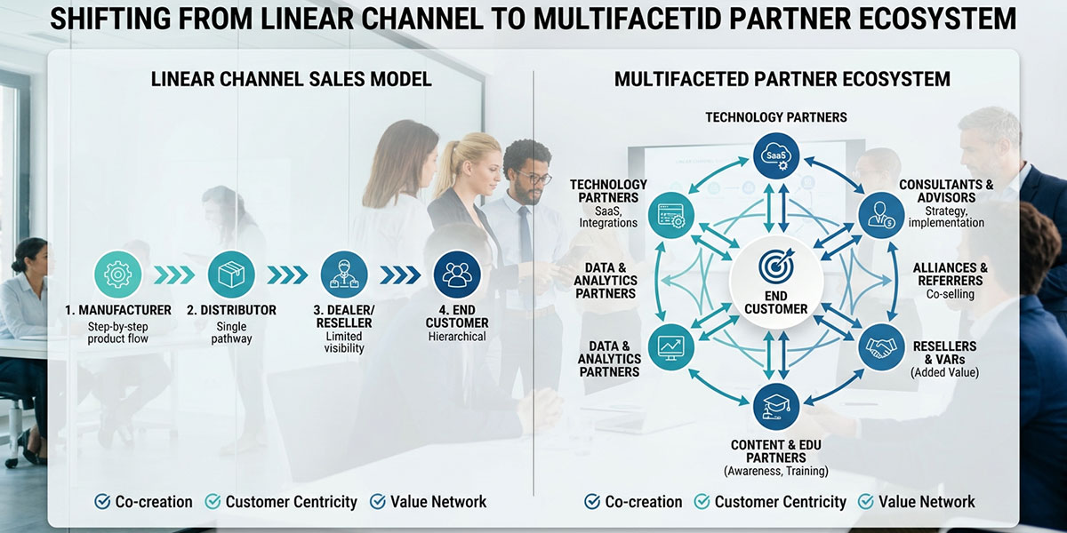 Diagram showing the shift from a linear channel sales model to a multifaceted partner ecosystem.