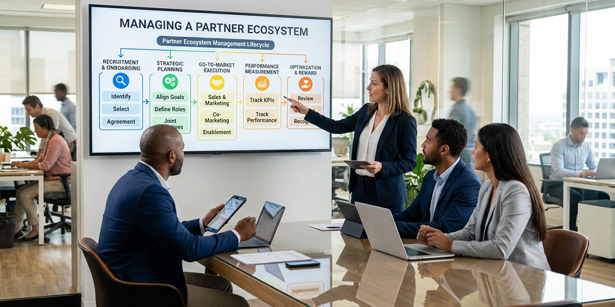 A flowchart illustrating the key stages of managing a partner ecosystem, from recruitment to performance measurement.