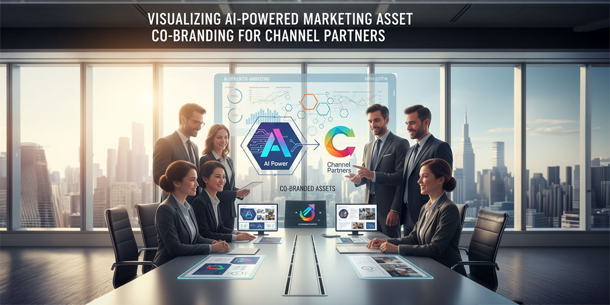 Visualizing AI-powered marketing asset co-branding for channel partners.