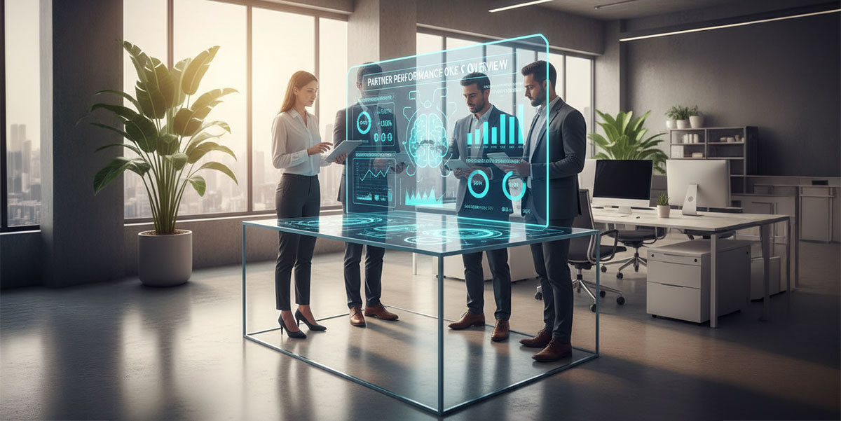 Data analytics dashboard showing partner performance metrics generated by AI.