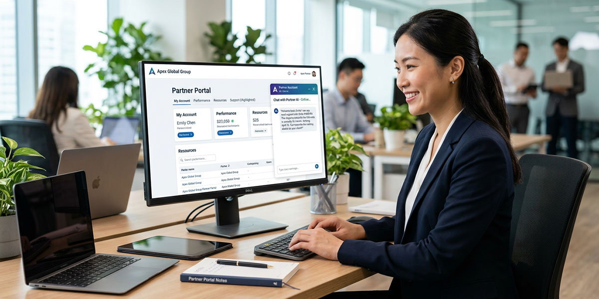 An AI chatbot on a partner portal screen providing personalized support to a channel partner.