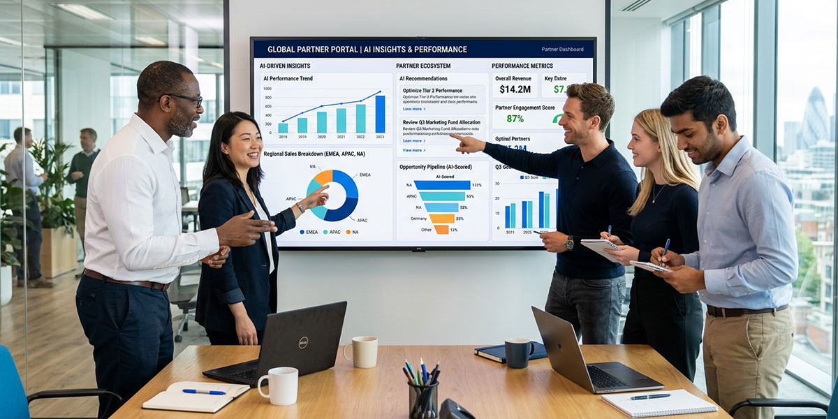 A team of channel managers collaborating around a screen displaying an AI-driven partner portal dashboard.