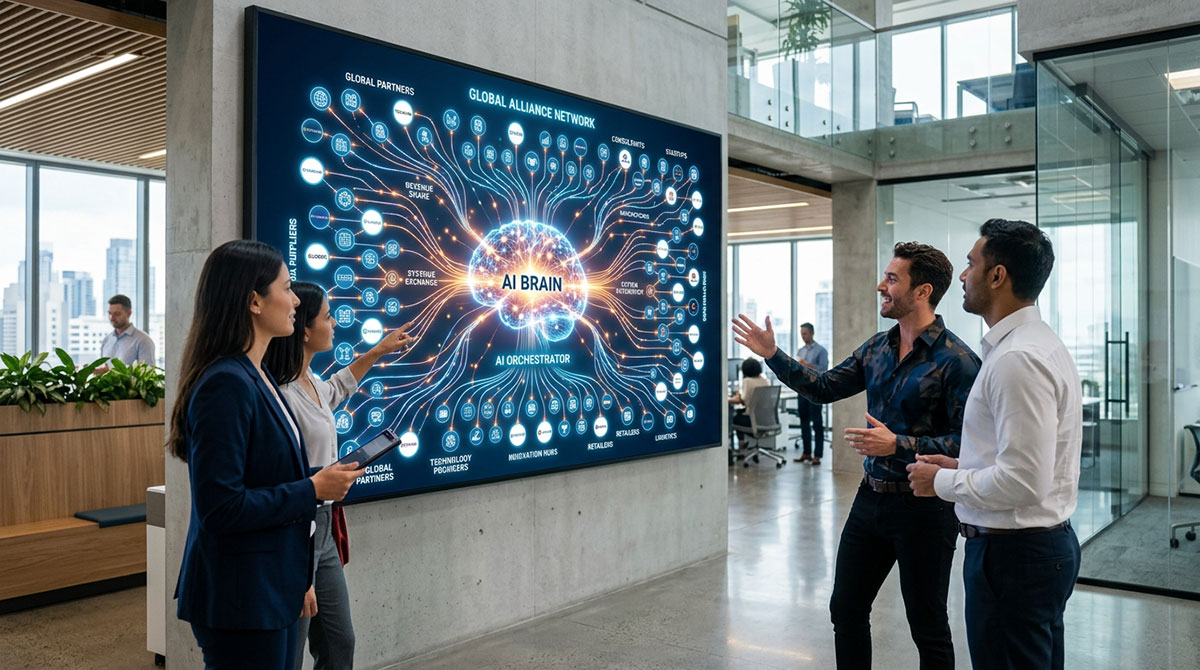 A futuristic graphic showing interconnected nodes representing a complex partner ecosystem orchestrated by a central AI brain.
