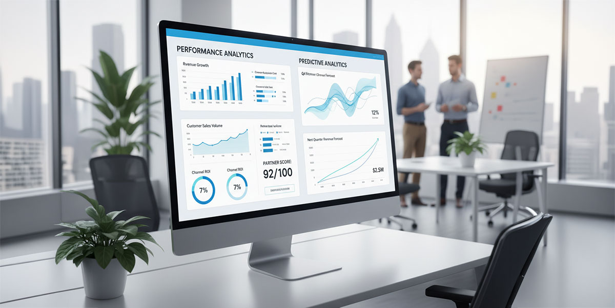 A dashboard within a partner portal displaying performance analytics and predictive analytics charts.