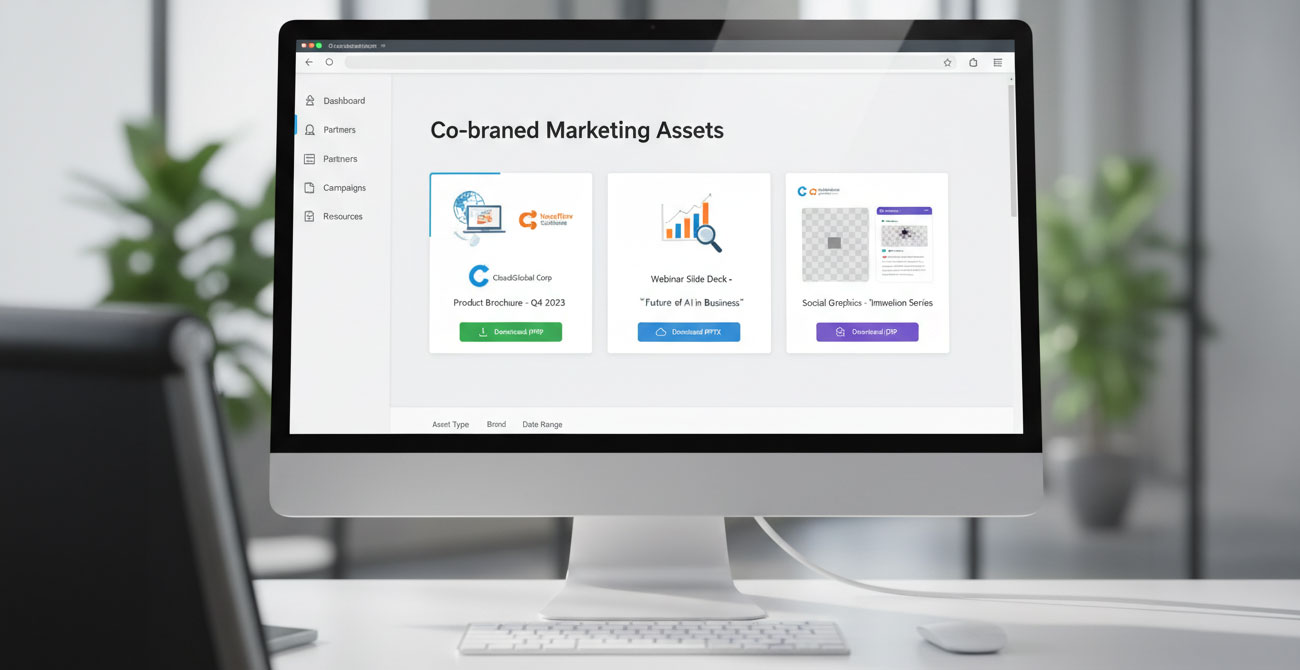 An interface showing co-branded marketing assets available for download within a PRM software platform.