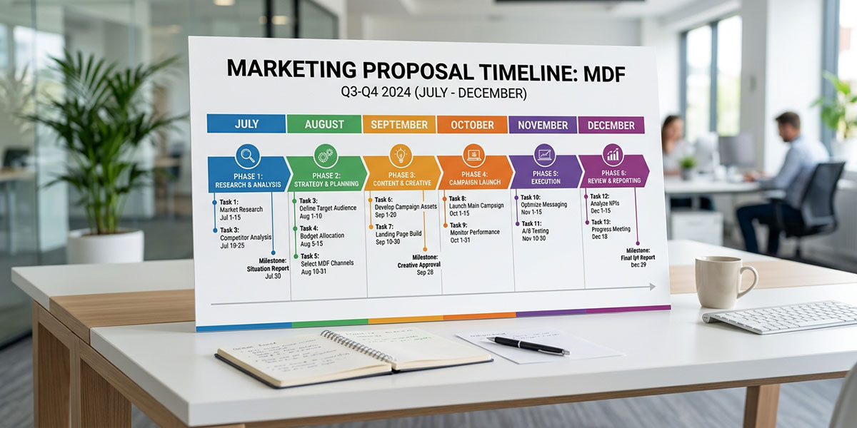 A detailed chart showing a marketing proposal timeline for MDF.