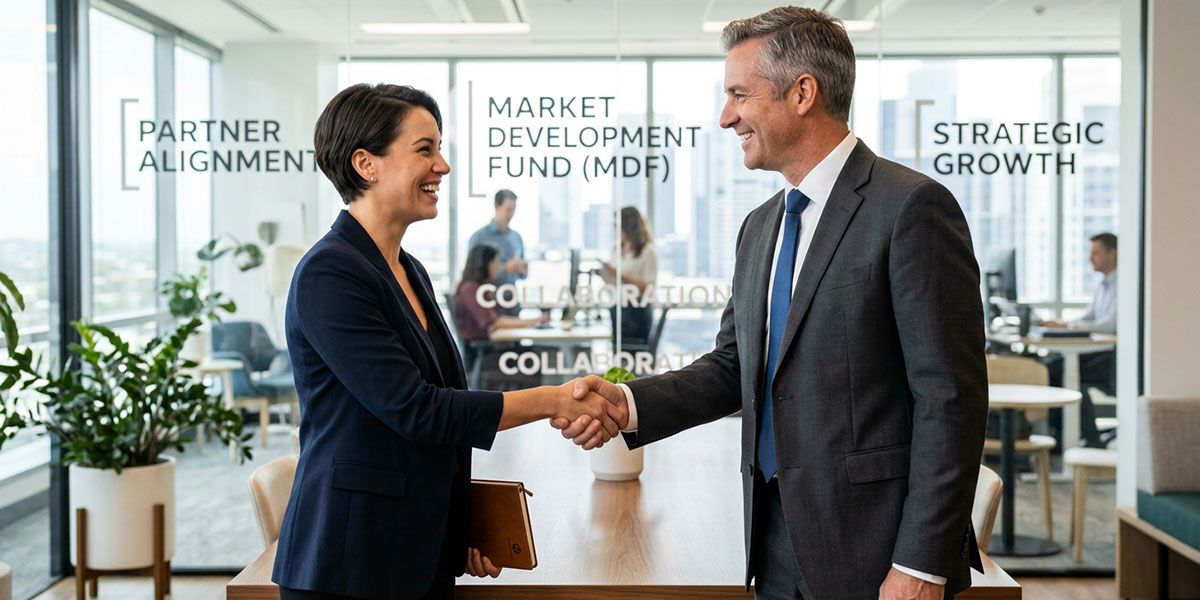 Two business professionals shaking hands, symbolizing vendor-partner alignment for Market Development Funds.