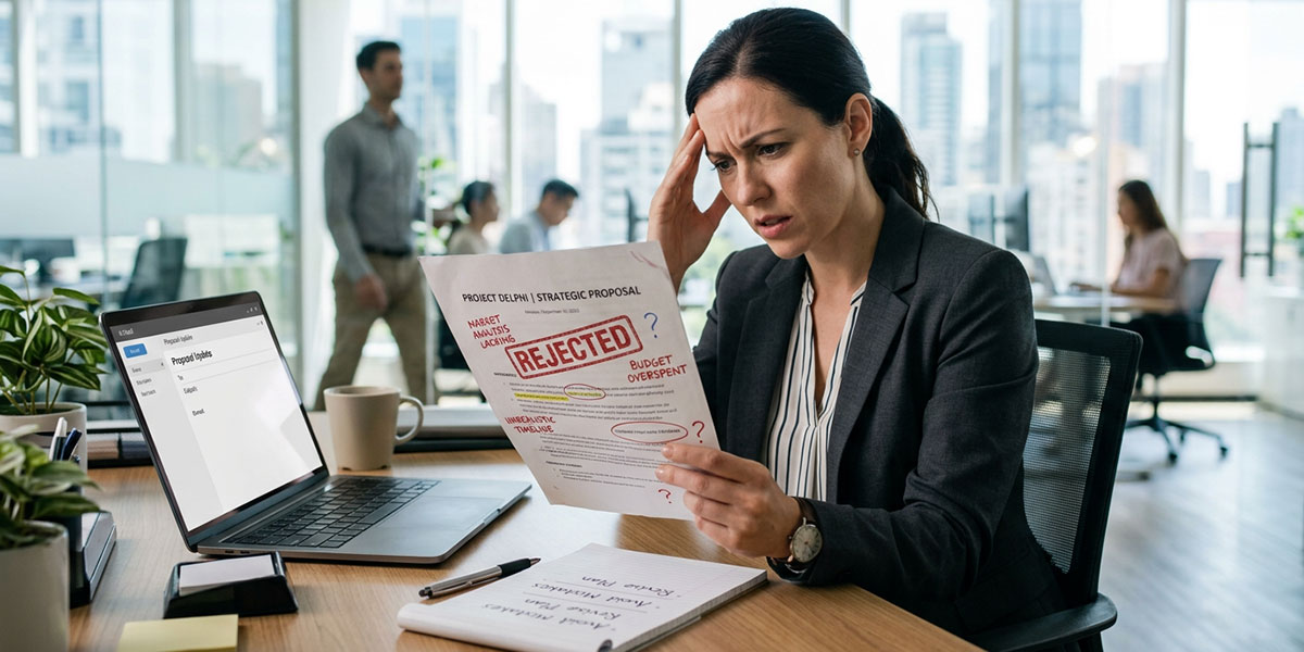 A person looking frustrated at a rejected proposal document, highlighting mistakes to avoid.