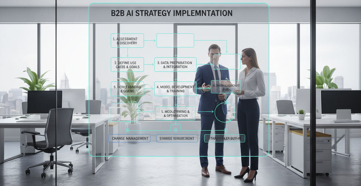 A flowchart outlining the steps to implement an AI strategy in a b2b digital transformation.