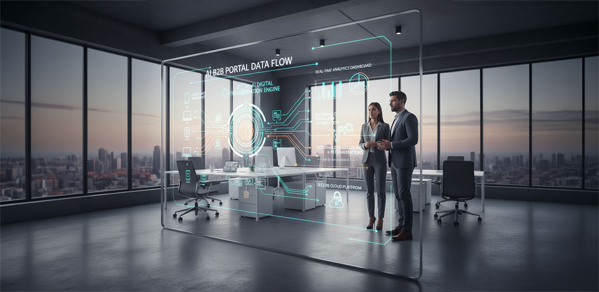 A diagram showing the flow of data in an AI-powered b2b portal for digital transformation.