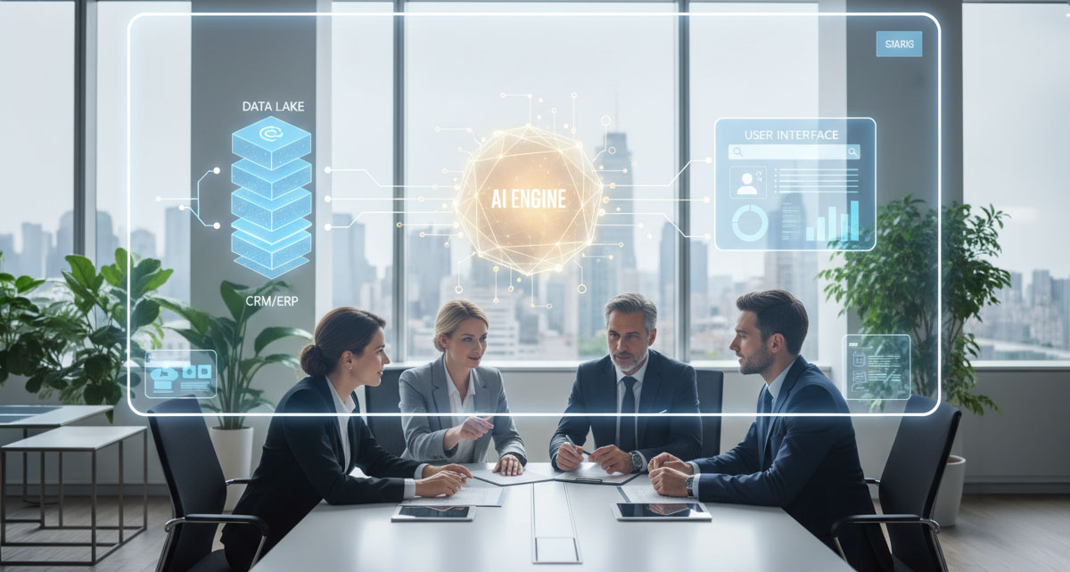 Core components of an AI-native b2b portal, including data, AI engine, and user interface.