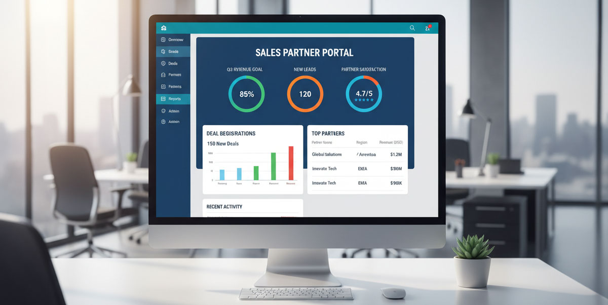 Dashboard of a sales partner portal showing key performance indicators and deal registrations.