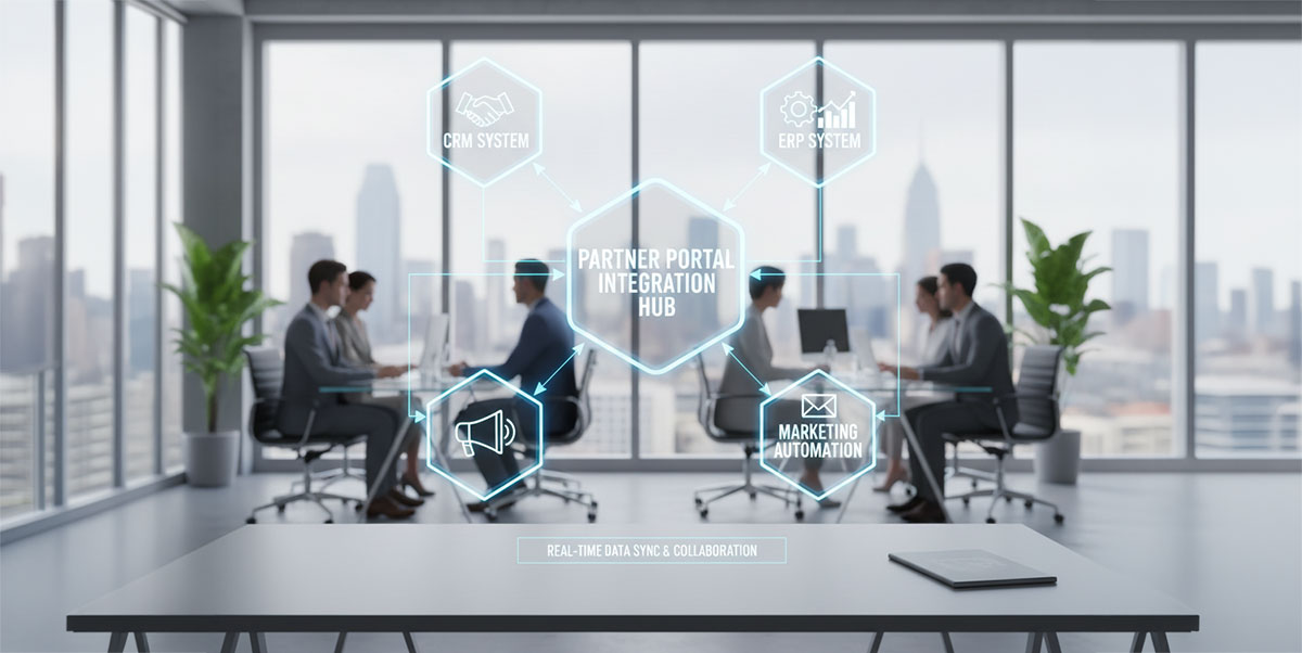 A diagram illustrating how a partner portal integrates with various business systems like CRM, ERP, and marketing automation.